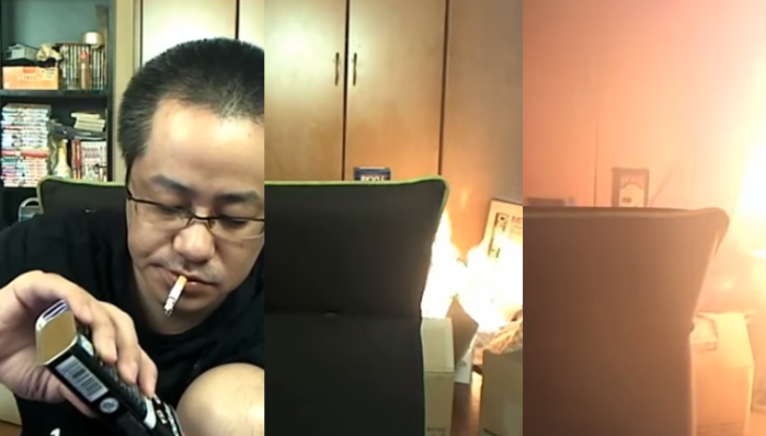 Japonés intentó realizar reseña de un encendedor en vivo: Casi quemó todo