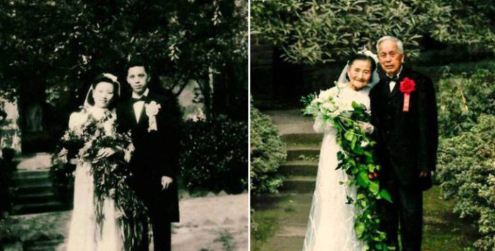 Pareja de ancianos enternece la red al recrear su boda en su 70 aniversario