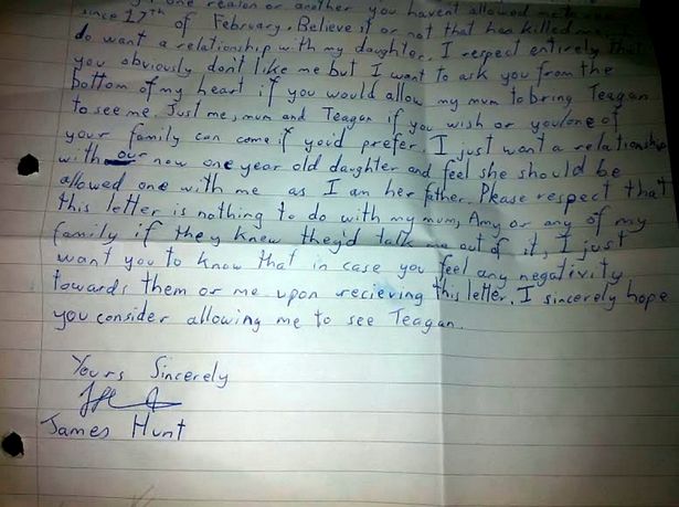 James Hunt le escribió desde prisión a Bethany solicitando permiso para que su madre pudiera ver a la menor
