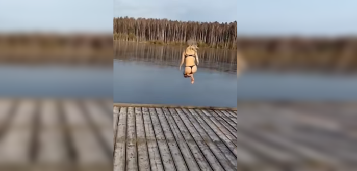 Qué dolor: fallido salto de joven a un lago congelado y en ropa interior se volvió viral