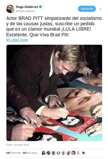 Mega fail del diputado Hugo Gutiérrez: difunde foto falsa de Brad Pitt "apoyando" a Lula da Silva