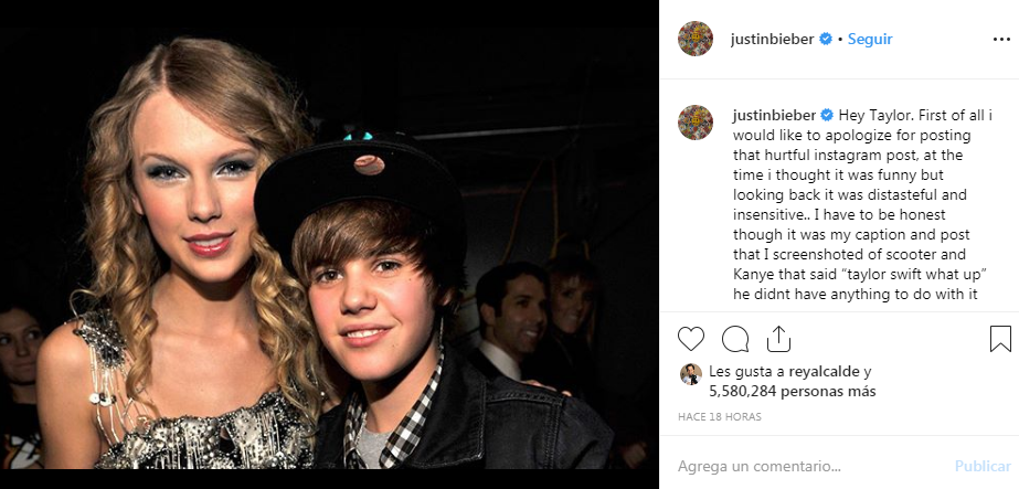 Justin Bieber se cuadró con su representante tras ser acusado por Taylor Swift de intimidarla
