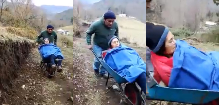 Viralizan compleja situación de mujer con accidente cerebral que debe ser trasladada en carretilla