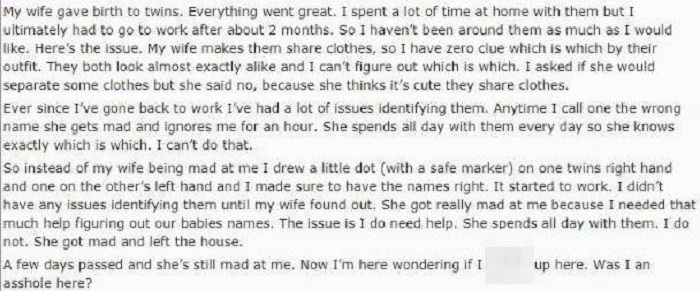 hombre hizo marca sus gemelos para identificarlos