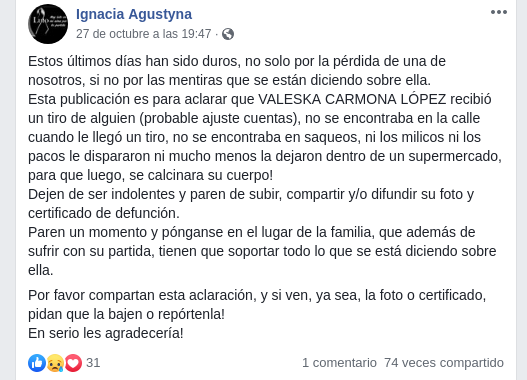 aclaración muerte de Valeska Carmona