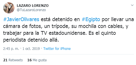 Javier Olivares denuncia que está "raptado y detenido" en Egipto: " No se que podrá pasar"