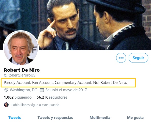 robert de niro y cuenta falsa de Twitter