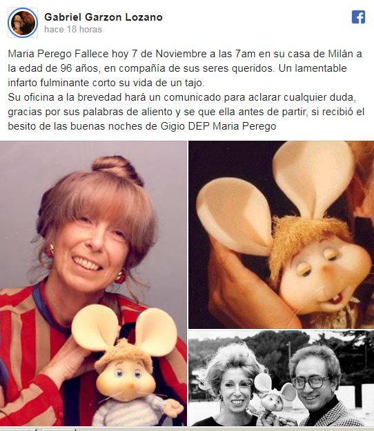 Fallece María Peregó creadora de Topo Gigio