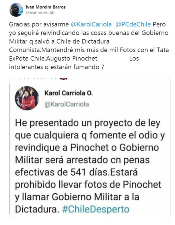 Moreira envió furiosa respuesta a Karol Cariola por Twitter