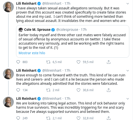 Cole Sprouse y Lili Reinhart alzan la voz ante denuncias que recibieron por acoso y abuso sexual