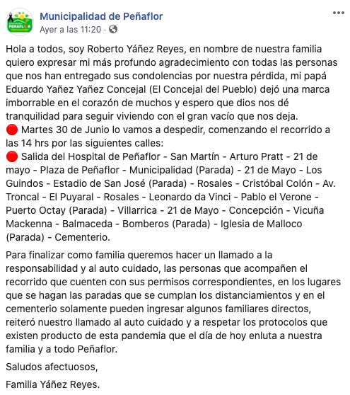 Municipalidad de Peñaflor realizó masivo homenaje para concejal que murió por COVID-19