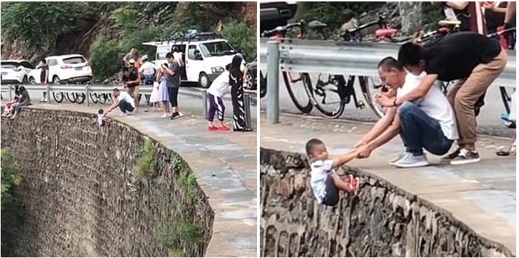 Por una foto: video de un padre colgando a su hijo del abismo causó indignación en China
