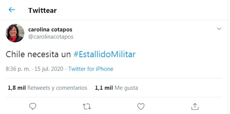 Oficiarán a Contraloría por tuiteo de concejala UDI de Las Condes que llamó a un "Estallido Militar"