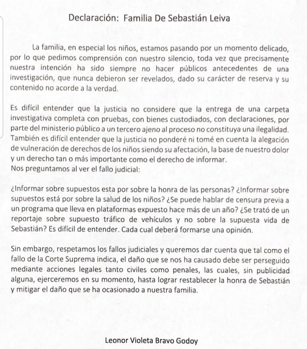 Declaración de familia de Sebastián Leiva