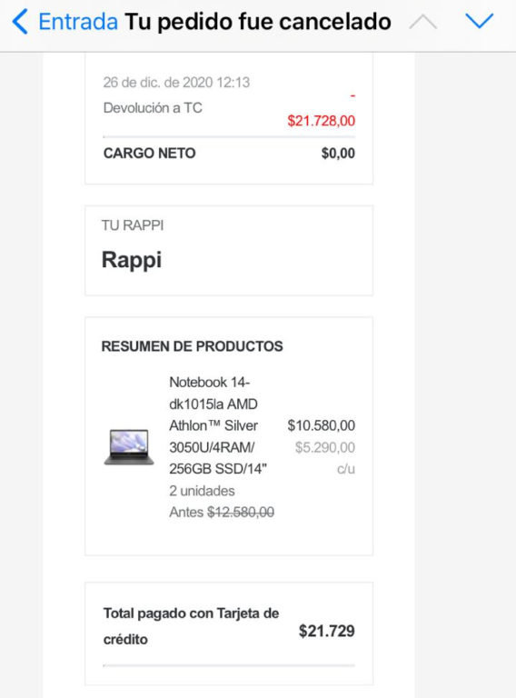 Pedido cancelado por Rappi
