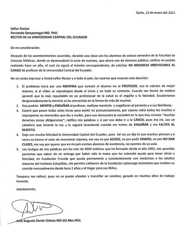 renuncia profesor ecuador