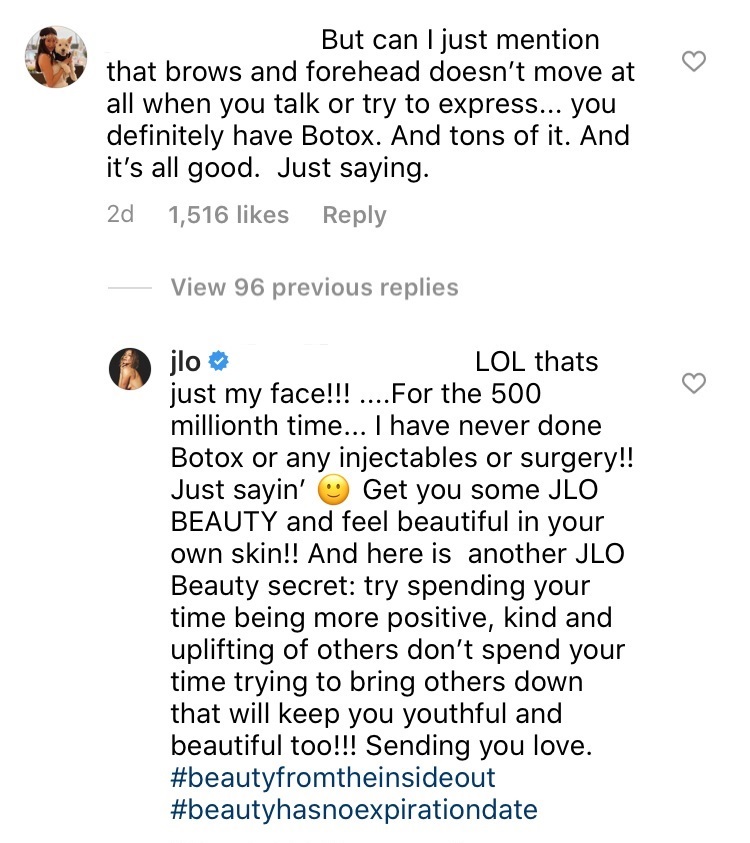 Jennifer Lopez encaró a seguidora de Instagram que la acusó de tener "toneladas de bótox"