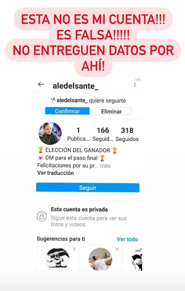 estafa en redes advertida por Ale Del Sante