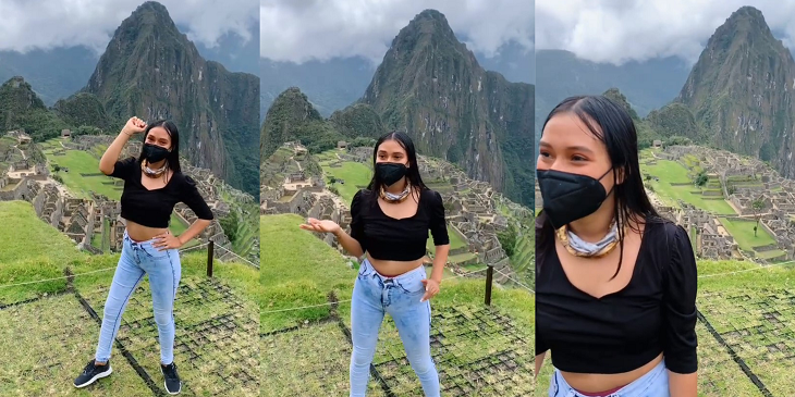 Joven se hace viral al intentar grabar baile para TikTok en Machu Picchu y es regañada por guardia