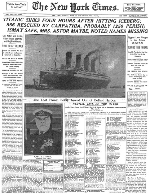 Portada de The New York Times con la noticia del hundimiento del Titanic | Biblioteca del Congreso de Estados Unidos