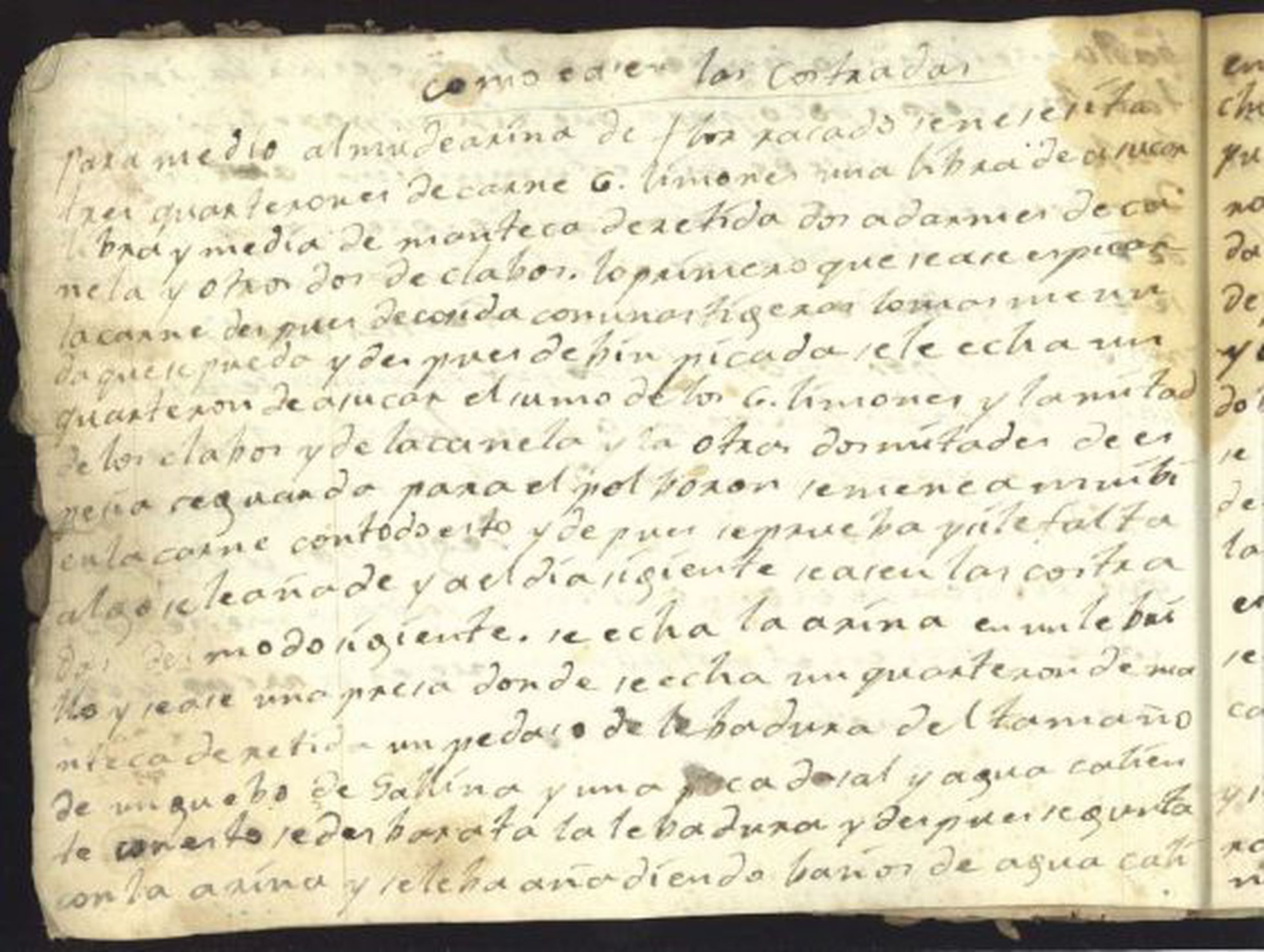 Manuscrito del recetario del siglo XVIII