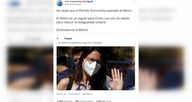 Kast acusó al PC de querer 'expropiar' el Metro olvidando que es una empresa estatal