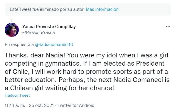 La voltereta de Nadia Comaneci tras alabar video de Provoste