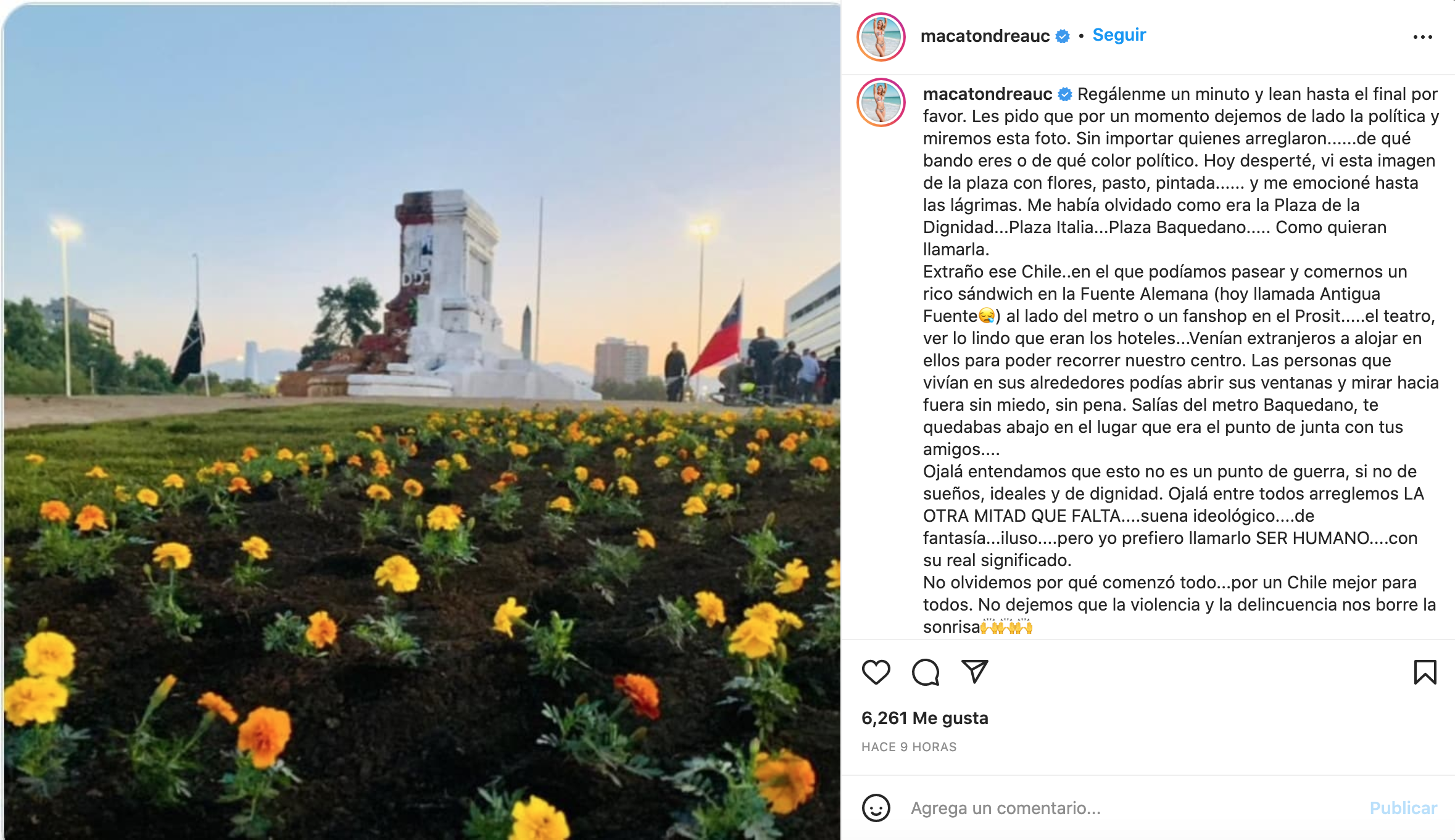 Macarena Tondreau por pasto y flores en plaza baquedano