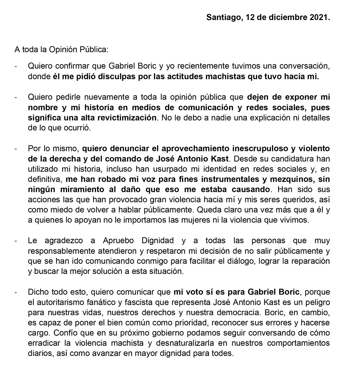 Mujer que denunció de acoso a Gabriel Boric aseguró que conversó con el candidato presidencial