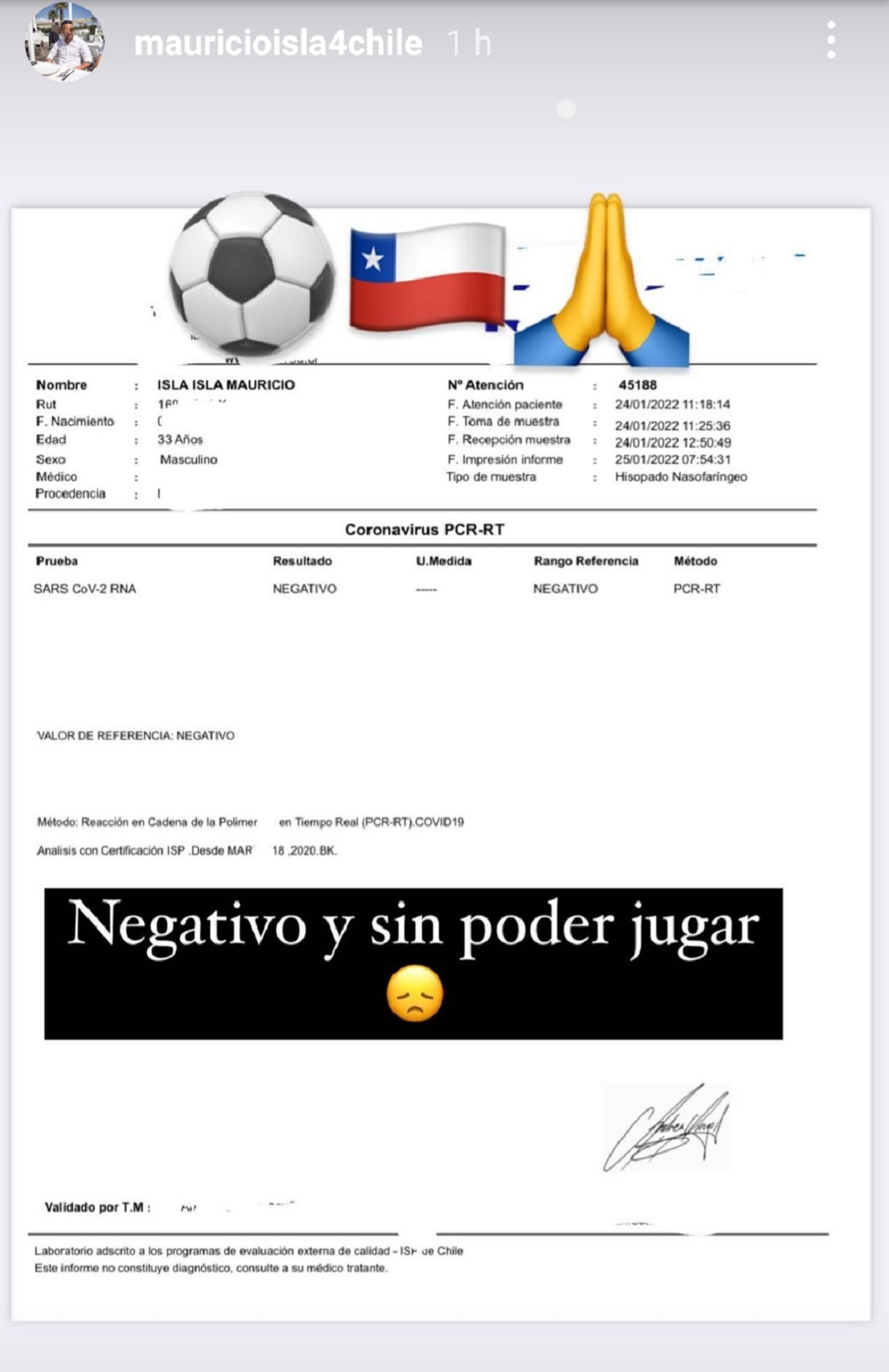 PCR Negativo Huaso Isla