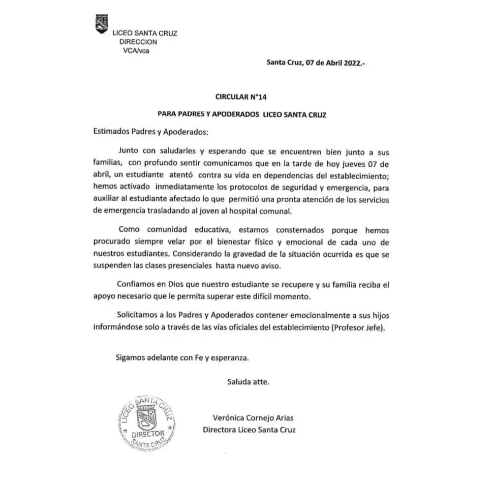 Comunicado colegio Santa Cruz
