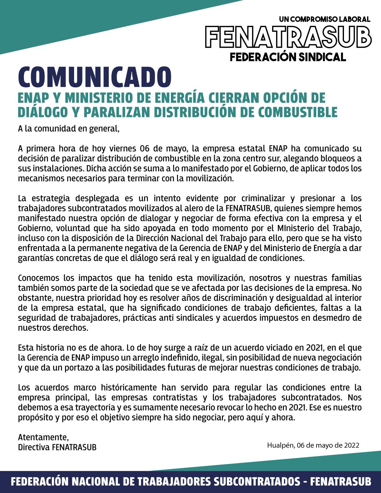ENAP advierte que en 5 días se acabaría el combustible en el sur tras bloqueo en refinería Biobío