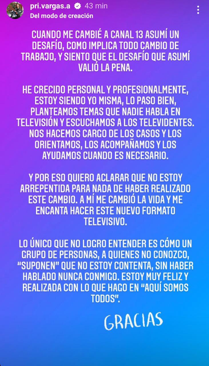 Priscilla Vargas se refirió a rumores sobre descontento en Canal 13