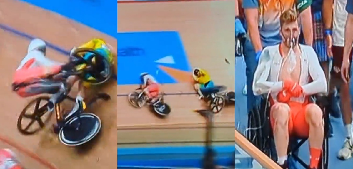 Espeluznante caída: ciclista se retiró en silla de ruedas y con oxígeno tras accidente en Inglaterra