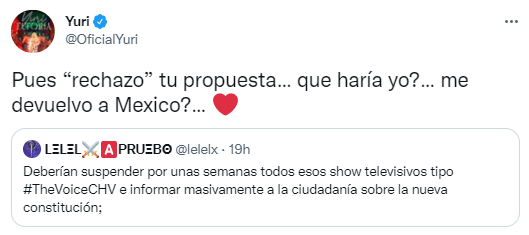 La respuesta de Yuri a usuario que pidió suspender The Voice.