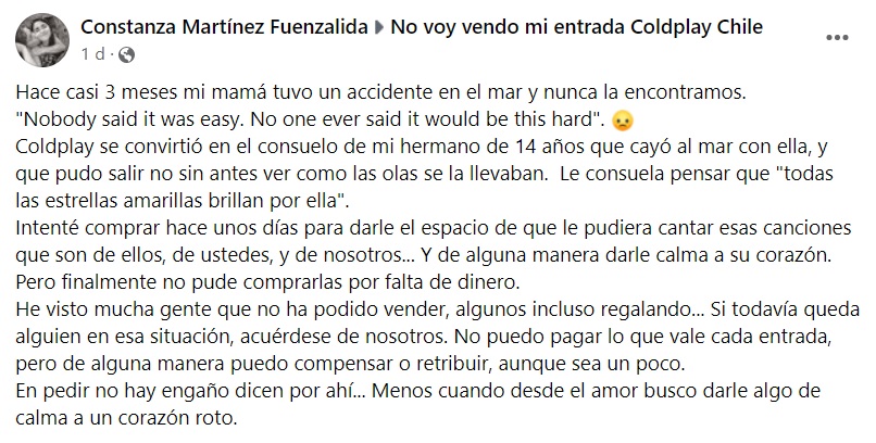 Mensaje Constanza Martínez Coldplay hermano