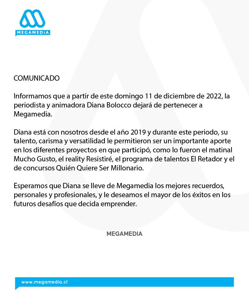 Mega confirmó que Diana Bolocco saldrá de forma definitiva del canal