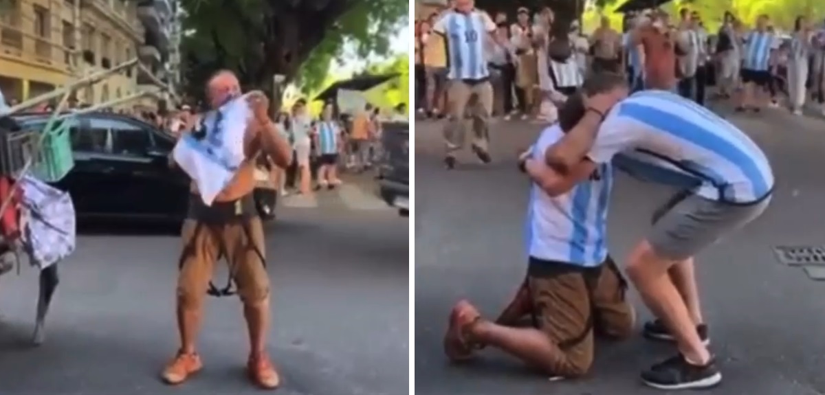 Emotiva celebración: hincha argentino regaló camiseta de Messi a un cartonero en plena calle