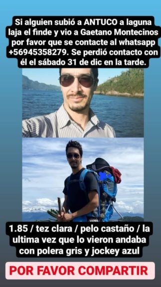 Buscan a joven excursionista extraviado el 31 de diciembre en Antuco.