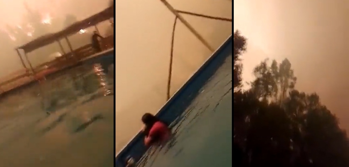 Angustiante registro muestra a familia intentando refugiarse del incendio en una piscina
