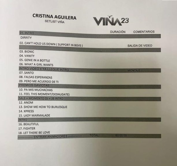 setlist Christina Aguilera Viña