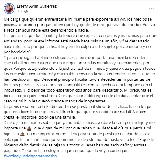 Descargo Estefanía Gutiérrez mamá de Tomás Bravo