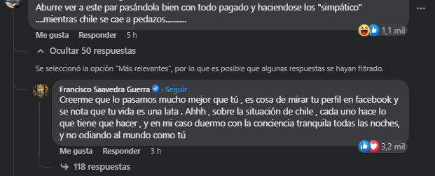 Pancho Saavedra responde a comentario de usuario.