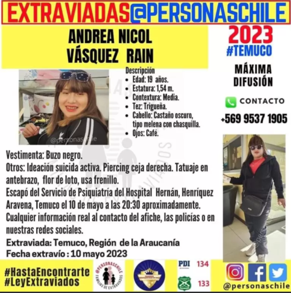 Reportan que joven que se fugó de servicio psiquiátrico del Hospital de Temuco sigue desaparecida