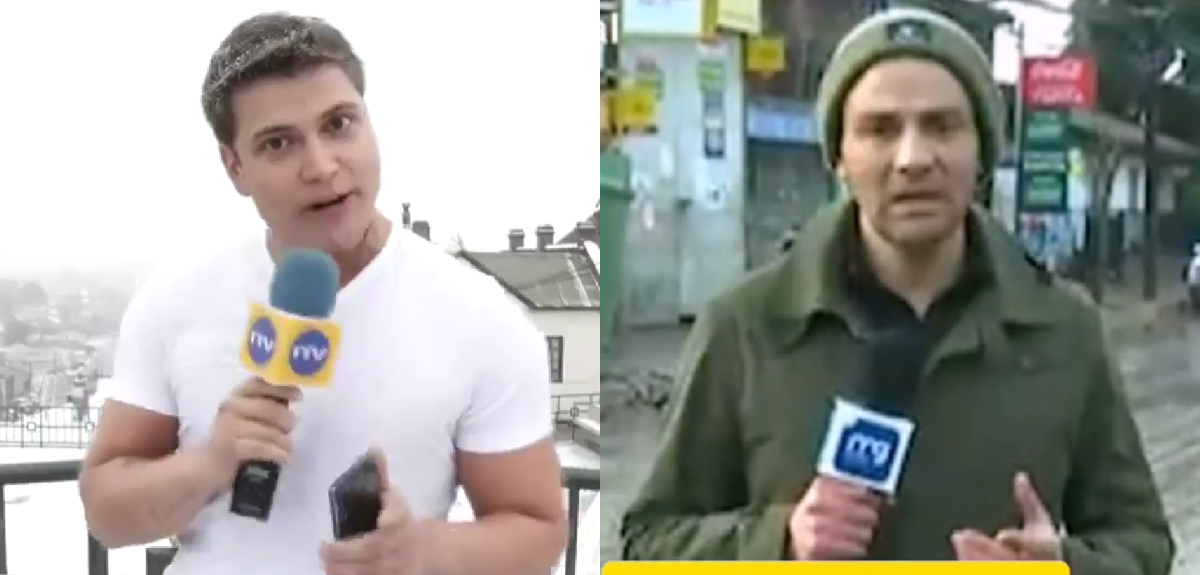 Animador es viral al despachar con polera desde la nieve: lo compararon con periodistas de Santiago
