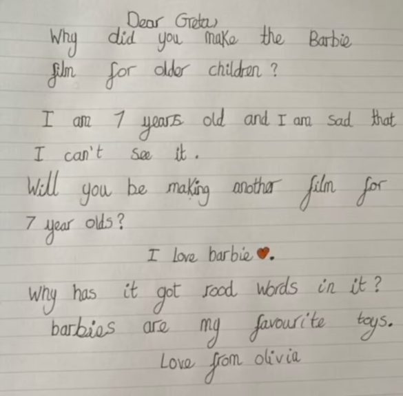 Carta de niña sobre Barbie