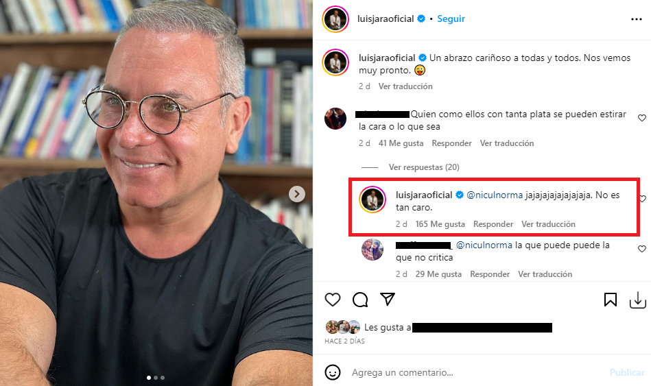 Luis Jara respondió a seguidora que lo criticó por su nueva apariencia: “No es tan caro”