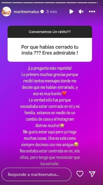 Marité Matus explicó por qué se alejó de las redes.