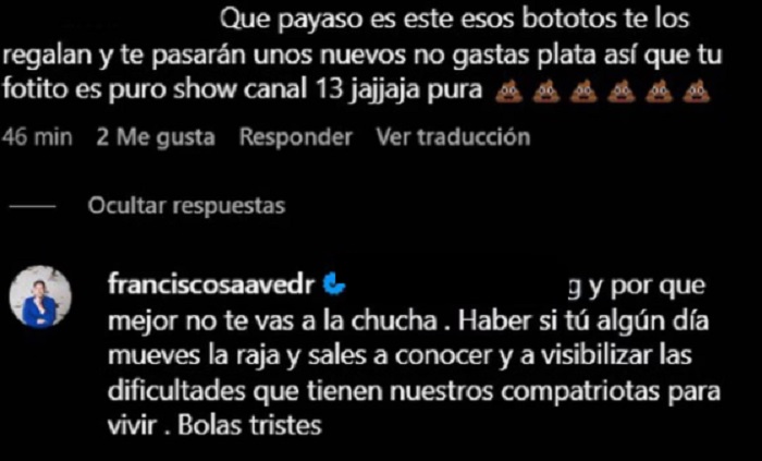 Pancho Saavedra rspuesta usuario Instagram