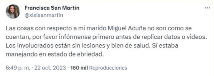 La desafortunada defensa de esposa de Miguel Acuña tras ser detenido por manejar en estado de ebriedad